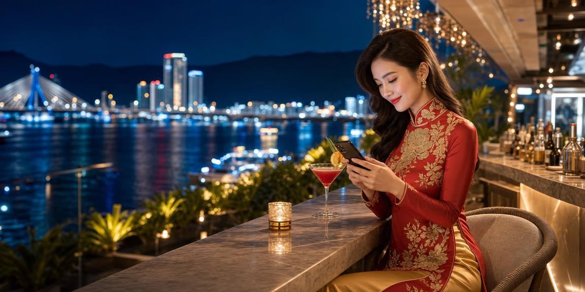 Người dùng tại bãi biển Đà Nẵng chơi game casino trực tuyến trên điện thoại vào buổi tối