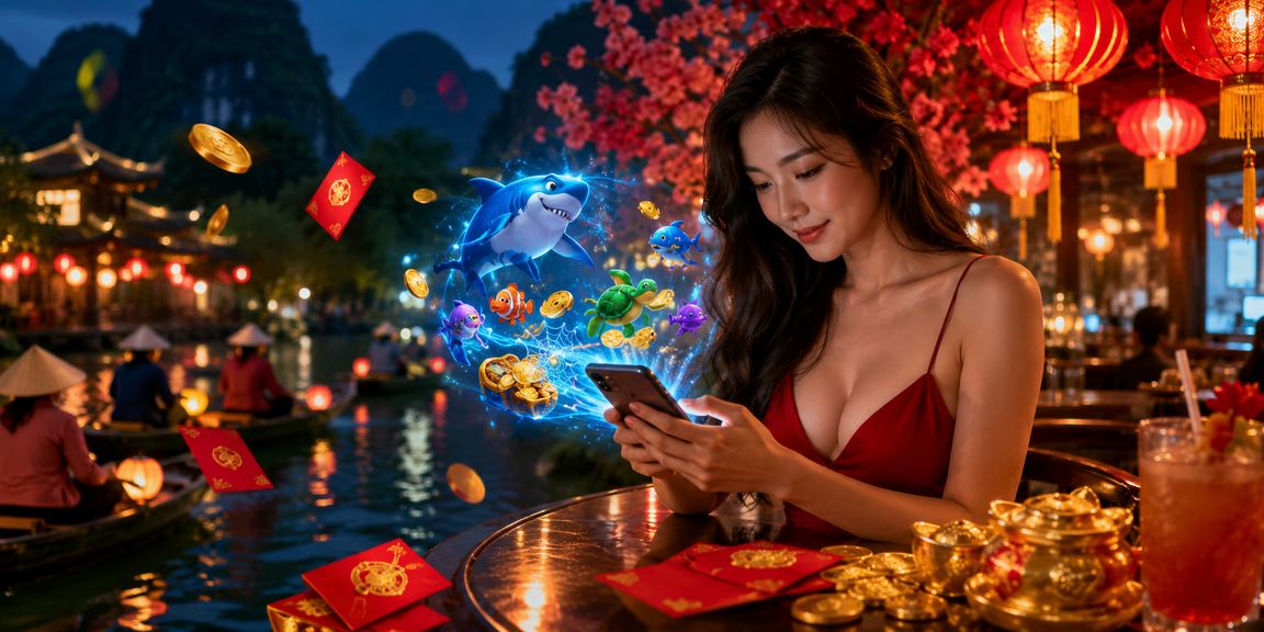 Cảnh chợ đêm Ninh Bình với người chơi thư giãn tham gia bắn cá trực tuyến trên điện thoại